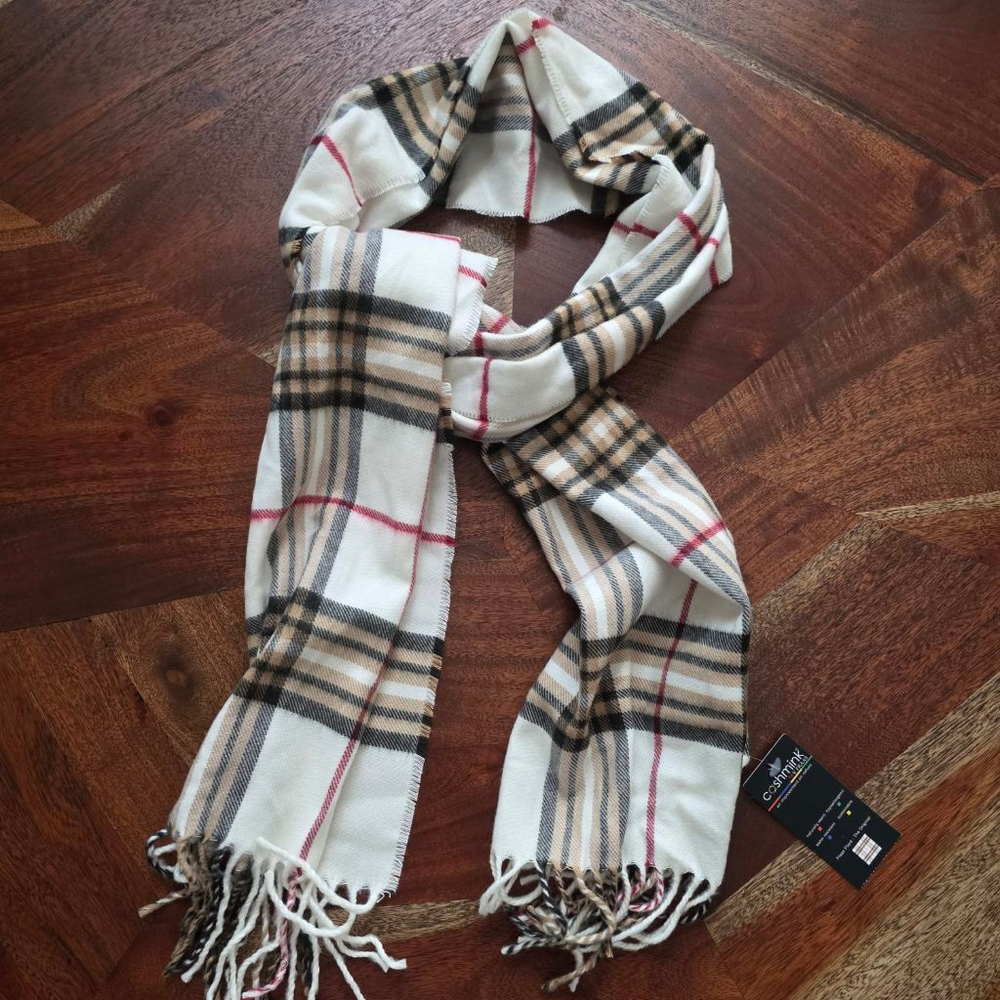 Women's V. Fraas Cashmink One Size White Tan Red Plaid Scarf